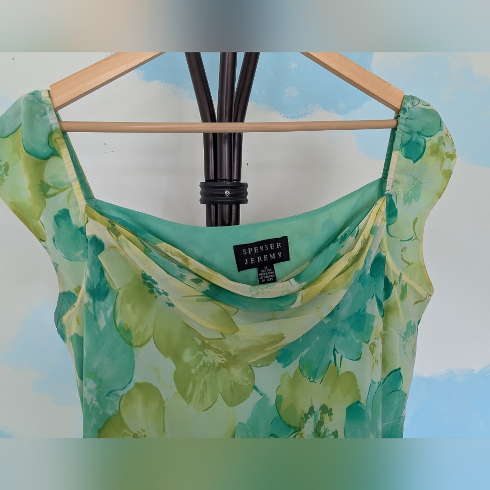 Spenser Jeremy Green Floral Silk Dress - Size 14 - Picture 3 of 5